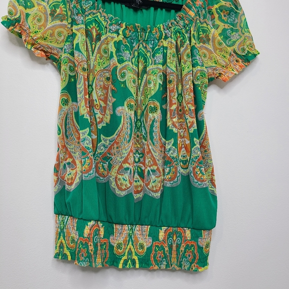 INC Top Blouse Short Sleeve Scoop Neck Smocked Green Ruffled Size Medium … - Picture 3 of 14